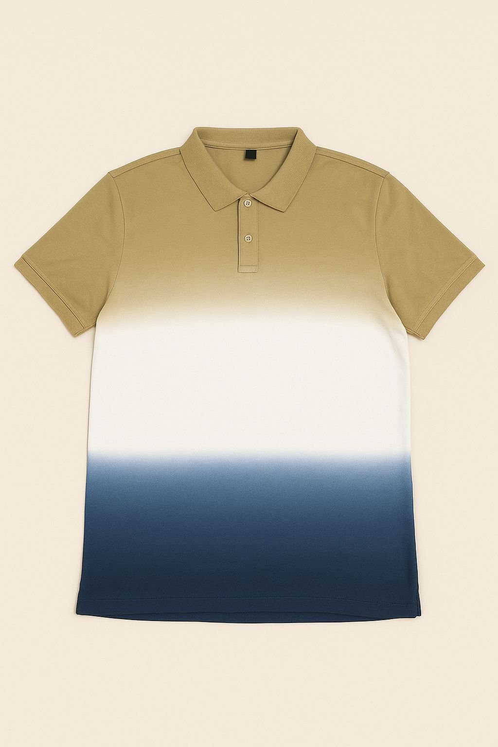 Man wearing a mustard to navy blue gradient ombre polo t-shirt with a classic collar and short sleeves