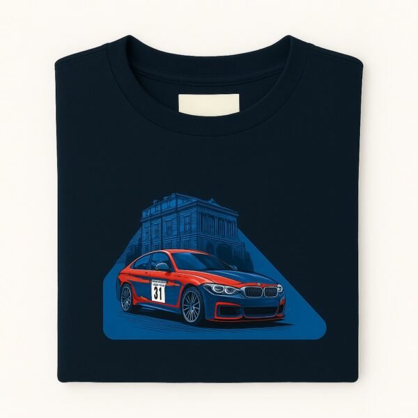 Man wearing a premium export quality dark blue t-shirt with a detailed car and monument graphic