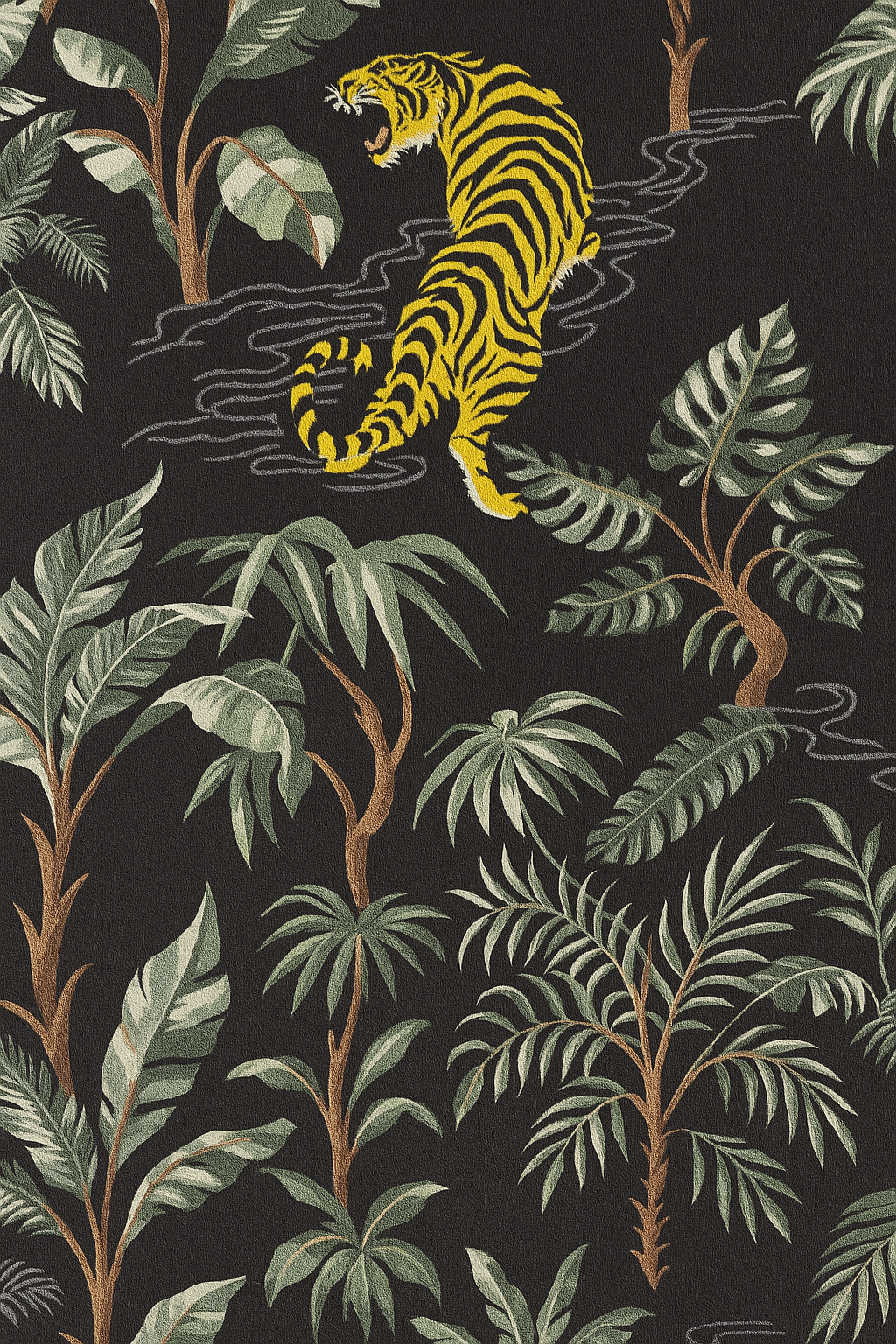 Kids black T-shirt with all-over tropical jungle leaves and yellow tiger print