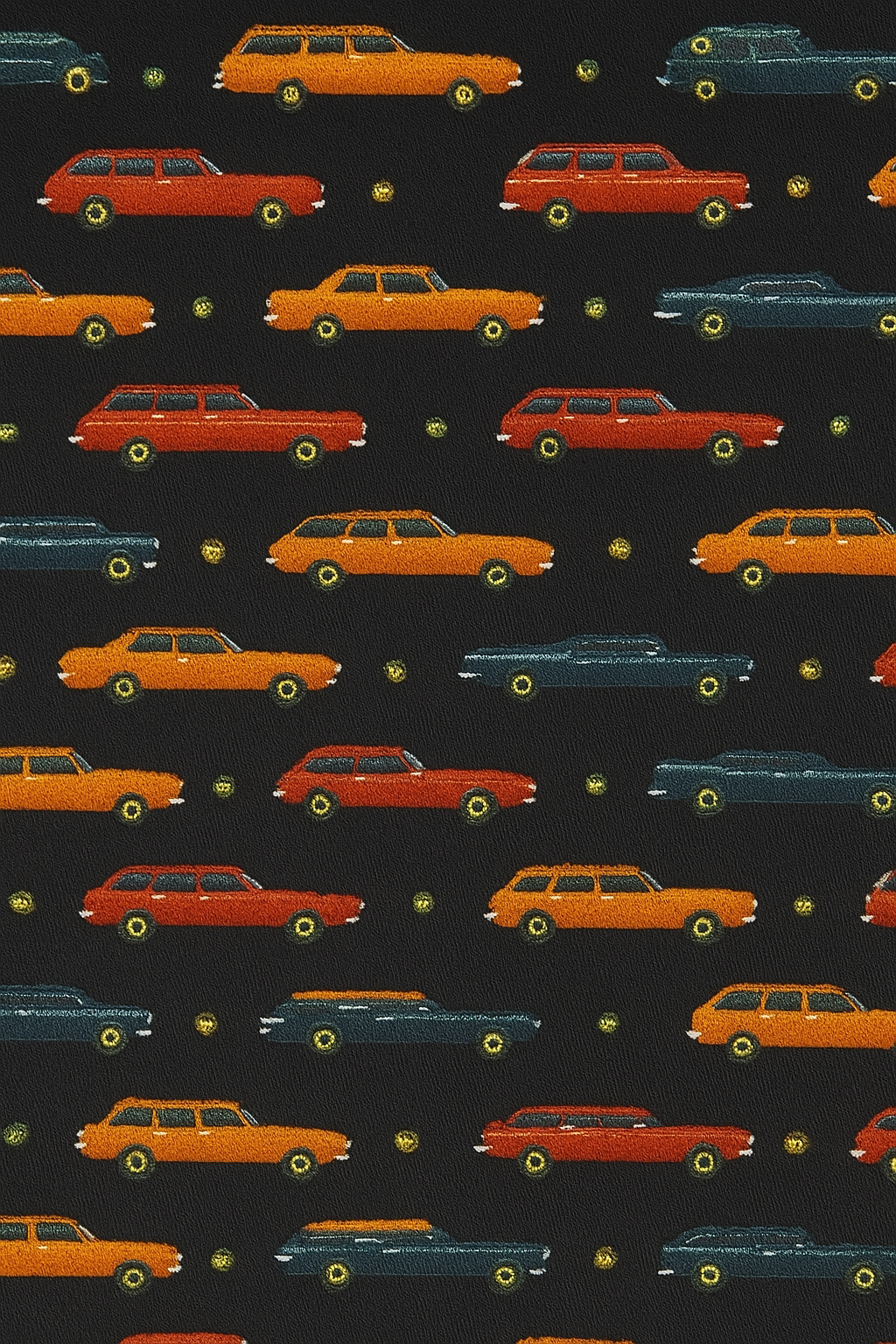 Kids navy blue T-shirt with all-over orange, yellow, and blue car pattern
