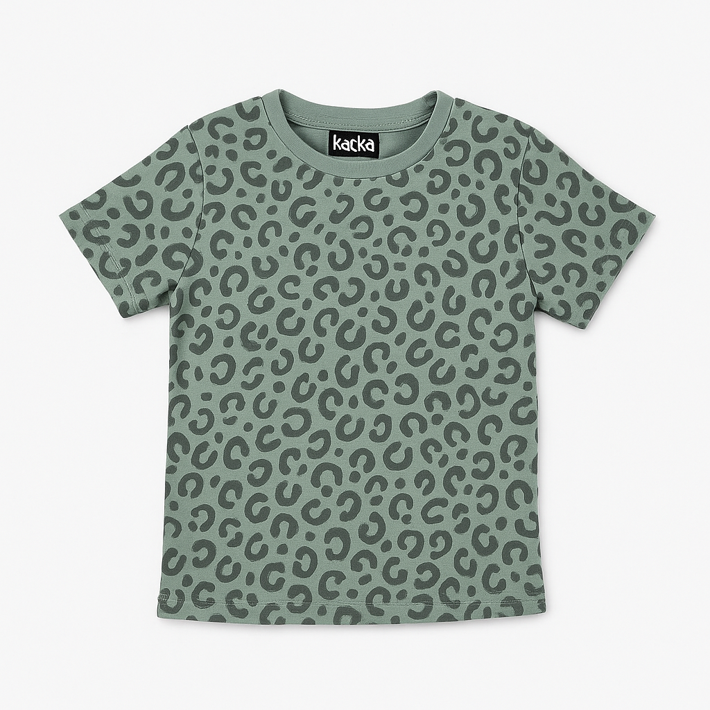 Kids pajama set in sage green with all-over dark leopard print, featuring short-sleeve tee and full pants