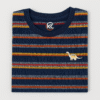 Navy blue striped kids t-shirt with multicolor lines and a small dinosaur embroidery on the chest,