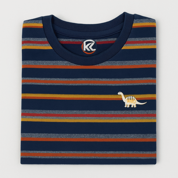 Navy blue striped kids t-shirt with multicolor lines and a small dinosaur embroidery on the chest,