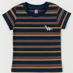 Navy blue striped kids t-shirt with multicolor lines and a small dinosaur embroidery on the chest,