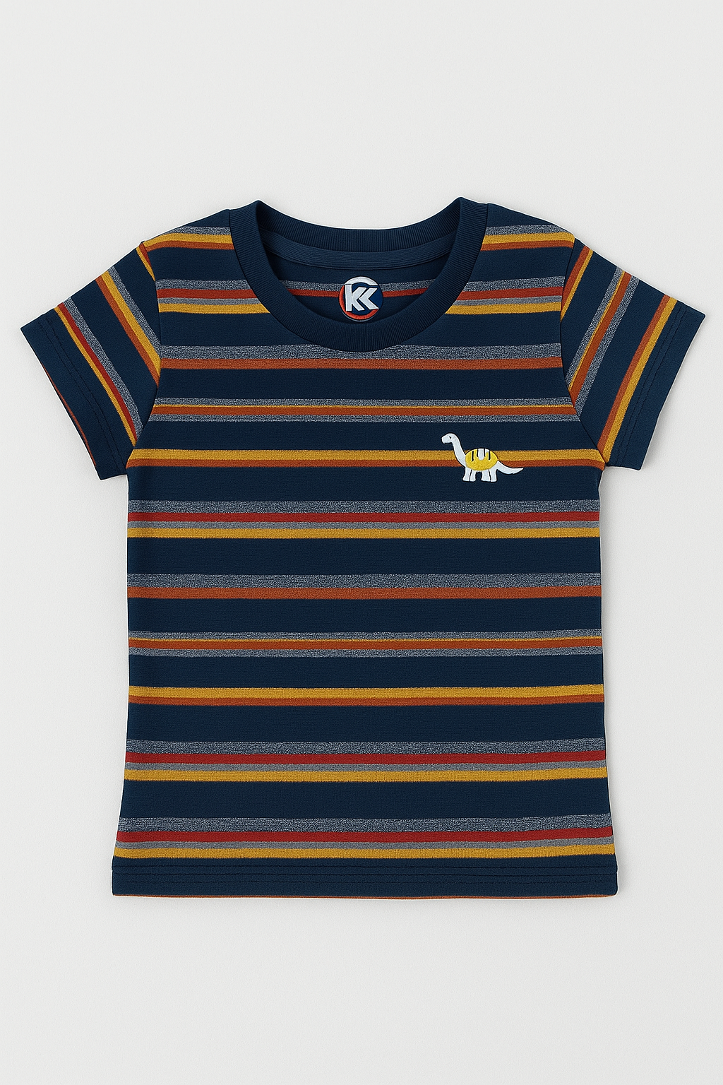 Navy blue striped kids t-shirt with multicolor lines and a small dinosaur embroidery on the chest,