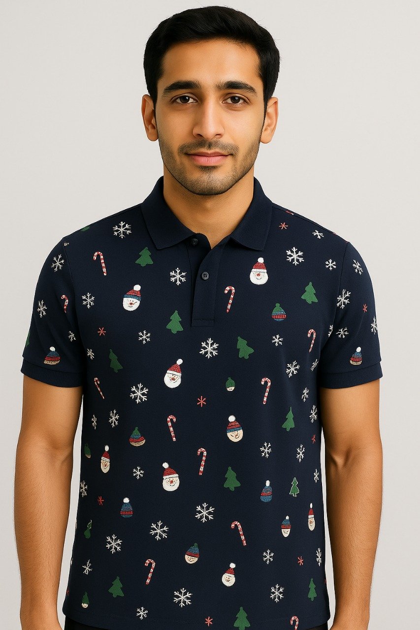 Man wearing navy blue polo shirt with Christmas-themed snowman, candy cane, snowflake, and tree patterns
