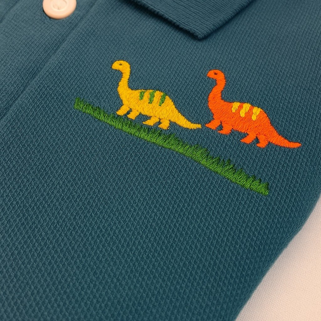 "Teal blue polo shirt for toddlers with dinosaur embroidery and button placket"