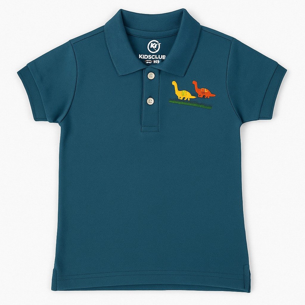 "Teal blue KidsClub polo shirt for toddlers with dinosaur embroidery and button placket"