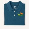 "Teal blue polo shirt for toddlers with dinosaur embroidery and button placket"