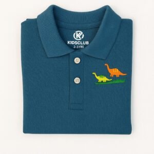 "Teal blue polo shirt for toddlers with dinosaur embroidery and button placket"