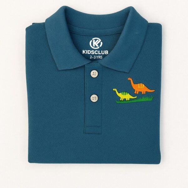 "Teal blue polo shirt for toddlers with dinosaur embroidery and button placket"