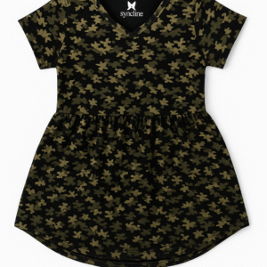 Black frock for girls with all-over olive green camouflage-style floral print
