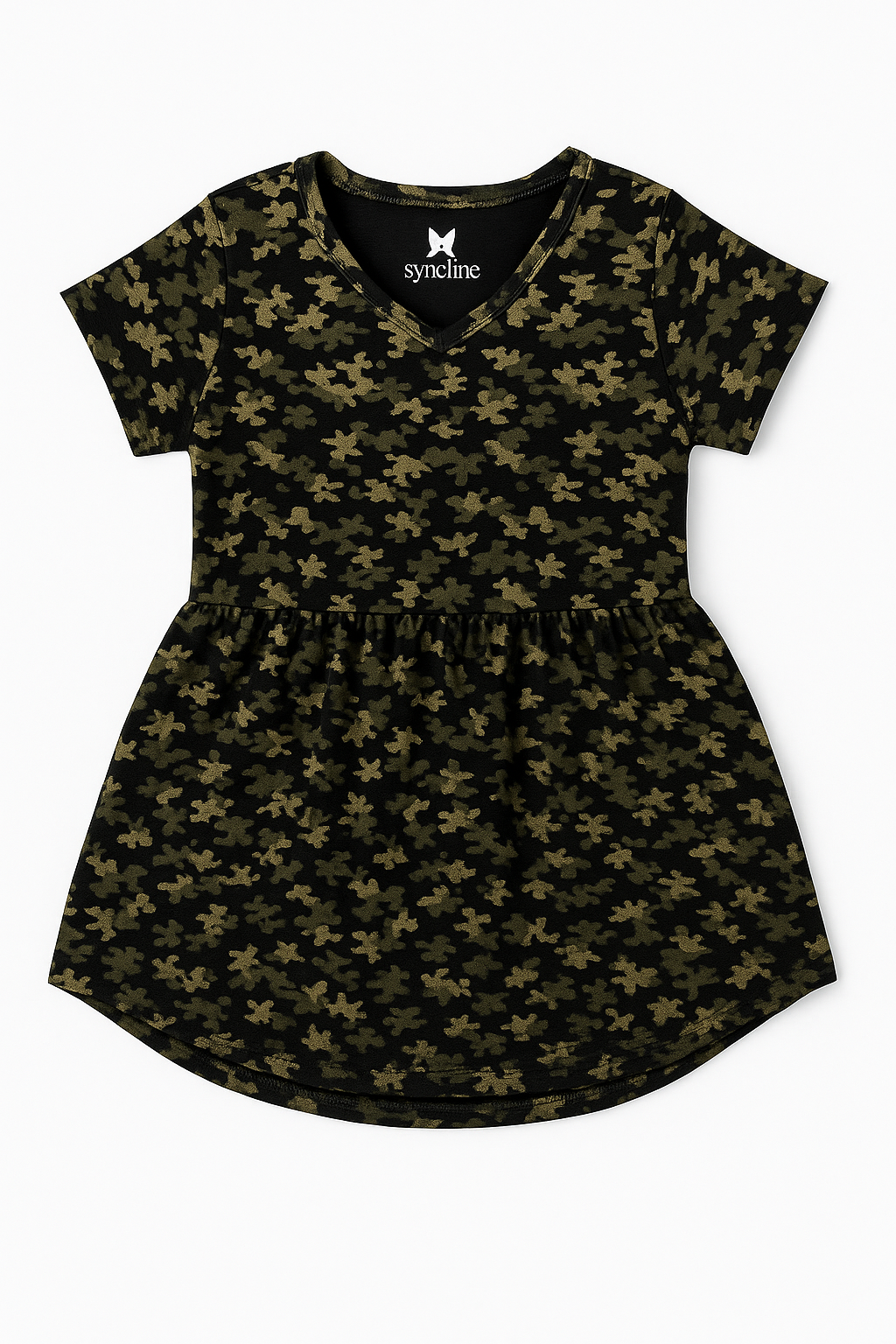 Black frock for girls with all-over olive green camouflage-style floral print