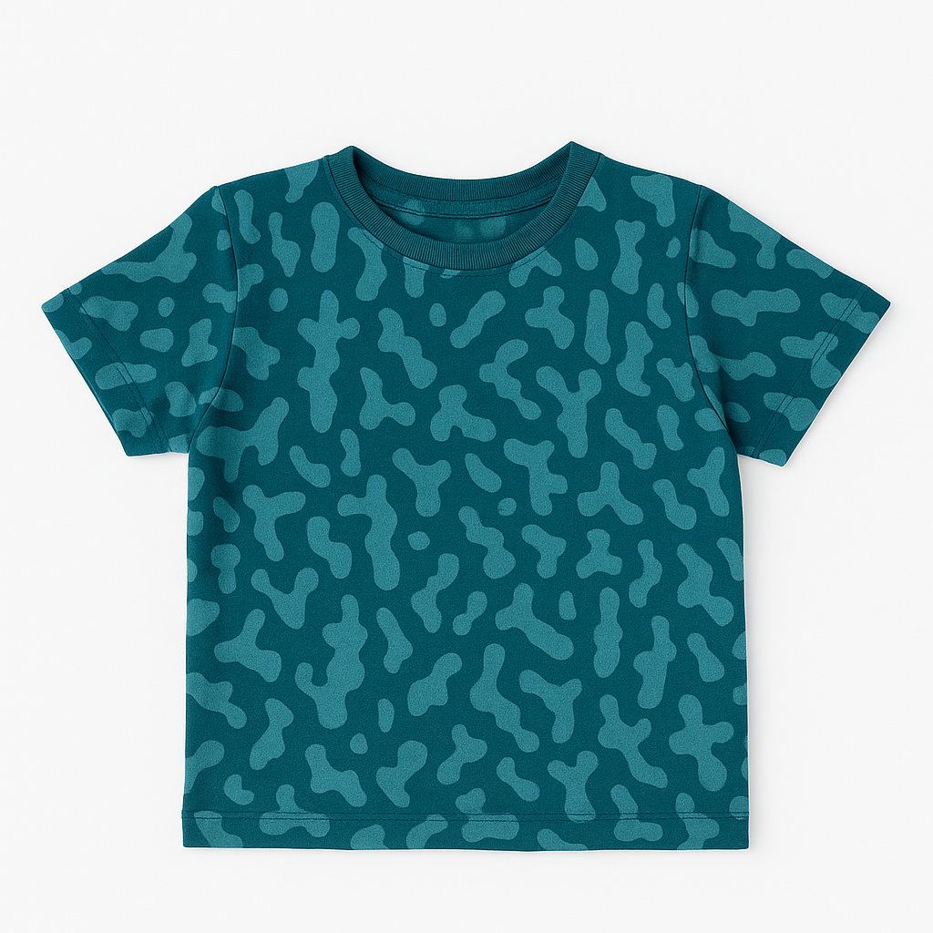 Short-sleeve teal kids' t-shirt with an abstract pattern design