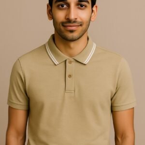 Man wearing a plain beige short-sleeve polo shirt with a button-down collar