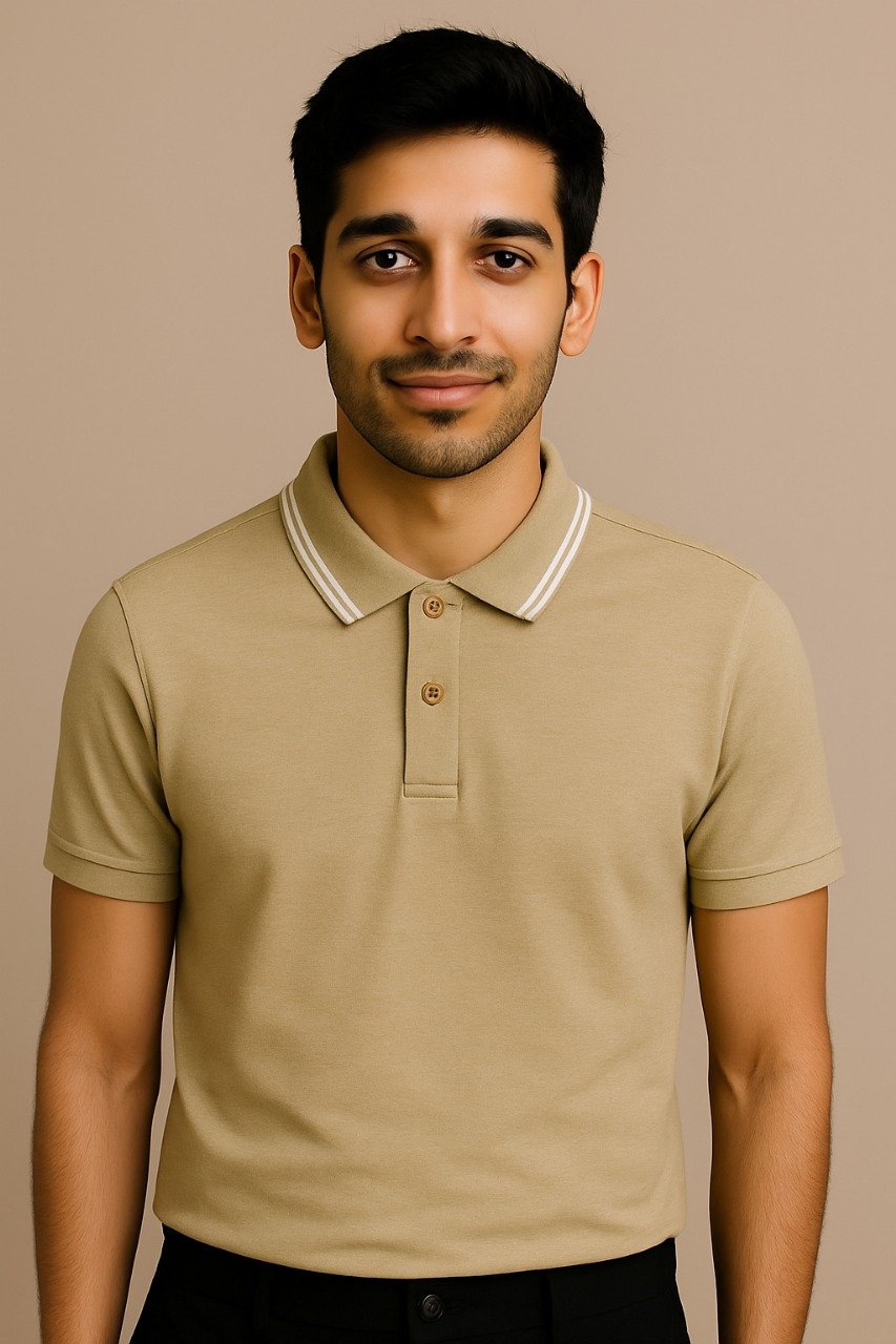 Man wearing a plain beige short-sleeve polo shirt with a button-down collar