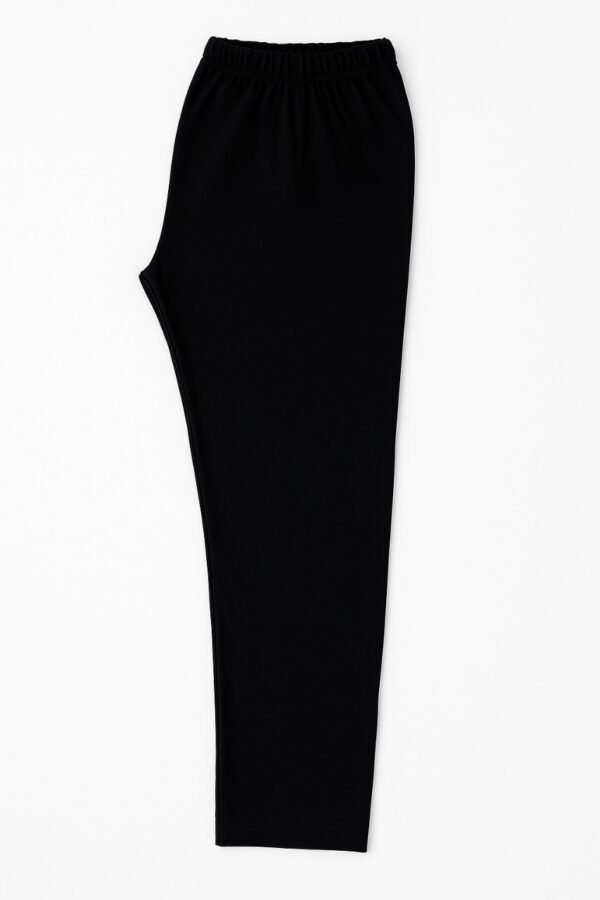 Black full-length cotton leggings displayed flat on a plain white background.
