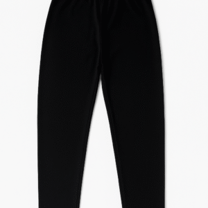 Black full-length cotton leggings displayed flat on a plain white background.