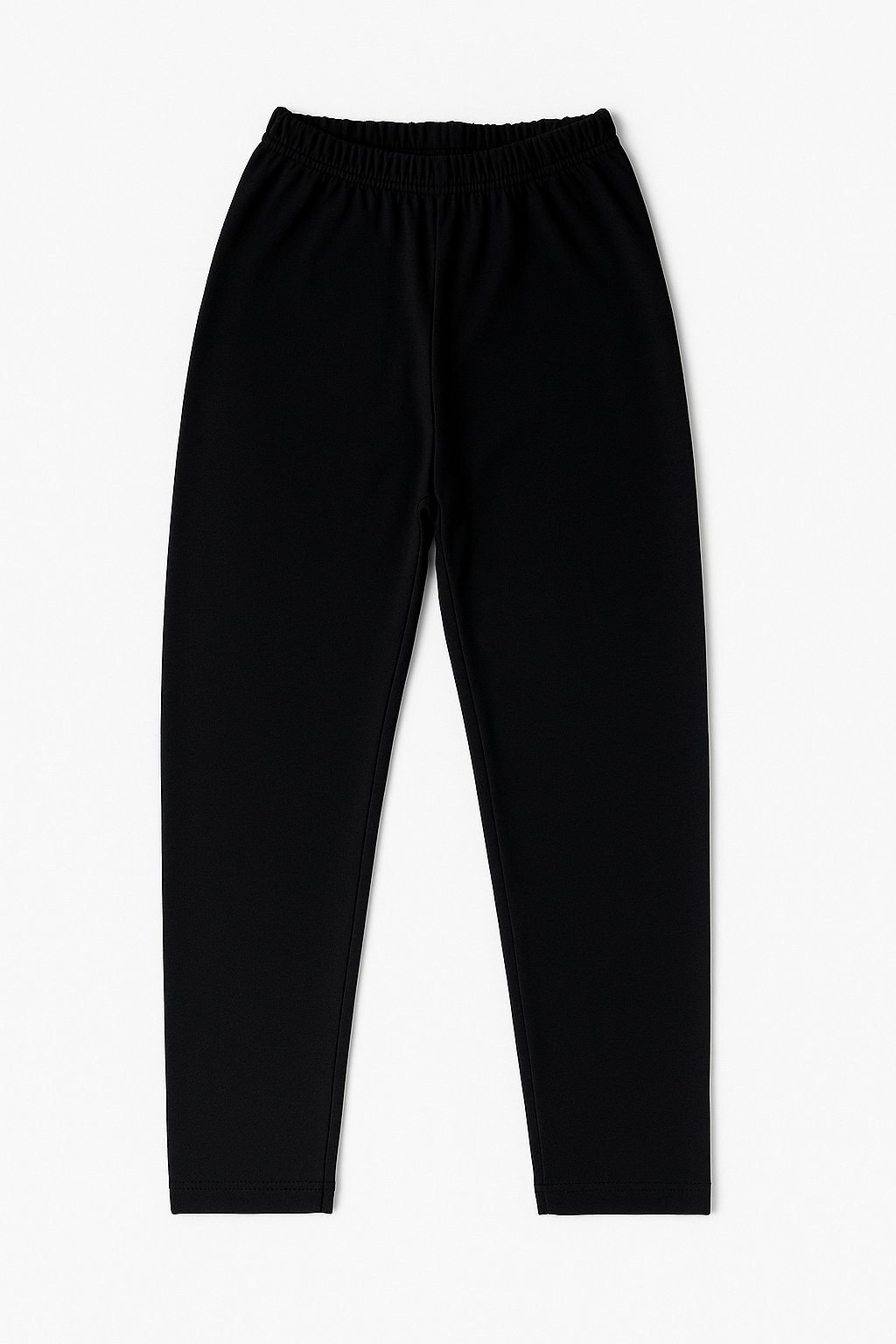 Black full-length cotton leggings displayed flat on a plain white background.