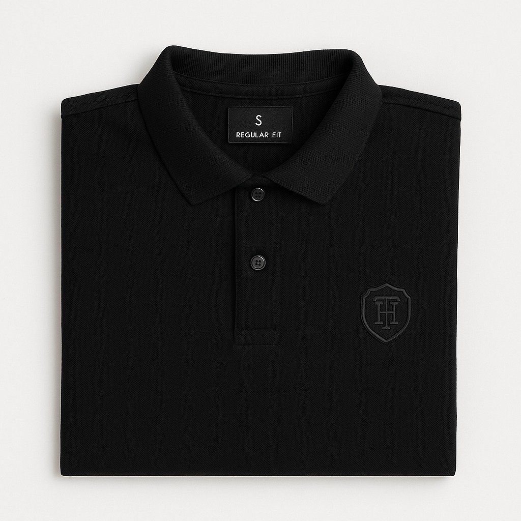 Man wearing premium black polo shirt with HERANGS logo – export quality