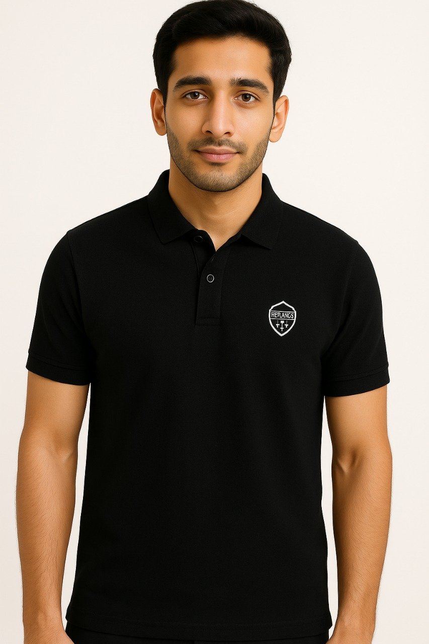 Man wearing premium black polo shirt with HERANGS logo – export quality