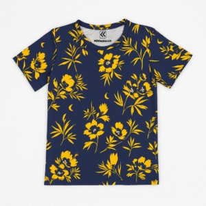 Navy blue t-shirt with vibrant golden yellow floral print and crescent moon accents