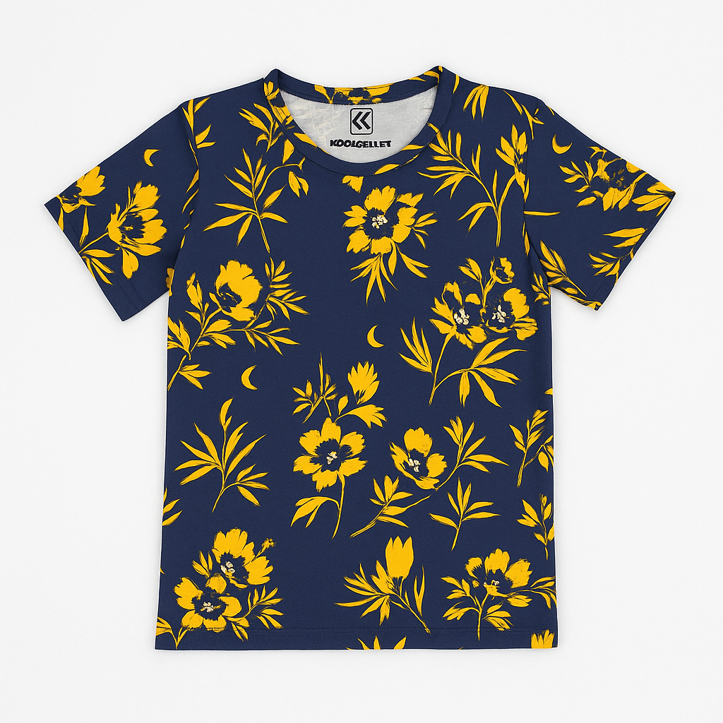 Navy blue t-shirt with vibrant golden yellow floral print and crescent moon accents