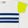 White T-shirt with navy blue horizontal stripes and neon yellow contrast sleeves