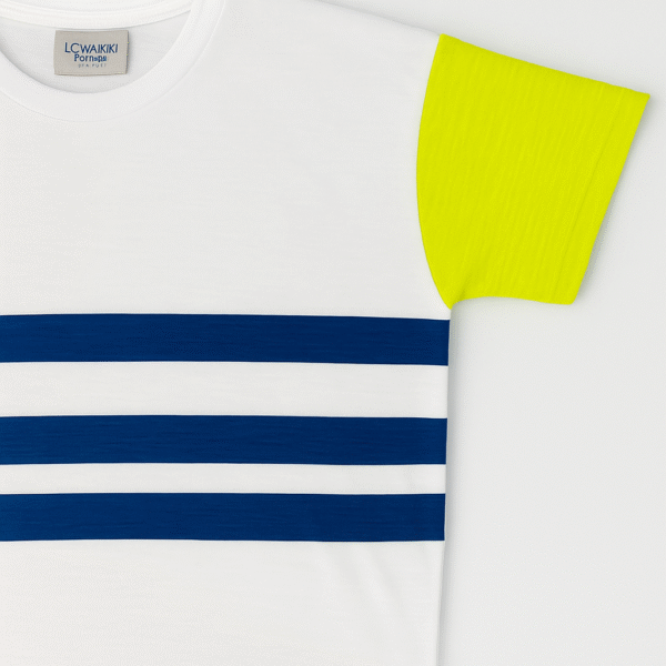 White T-shirt with navy blue horizontal stripes and neon yellow contrast sleeves