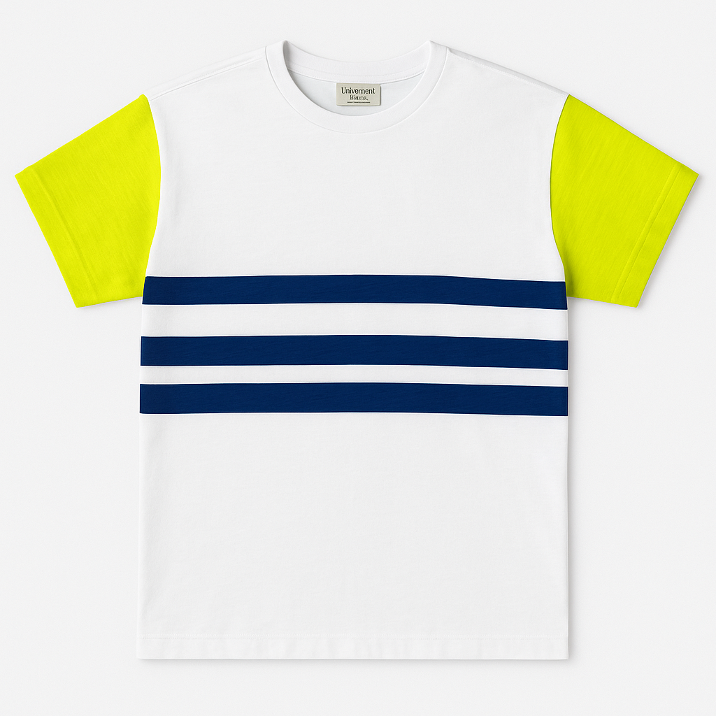 White T-shirt with navy blue horizontal stripes and neon yellow contrast sleeves