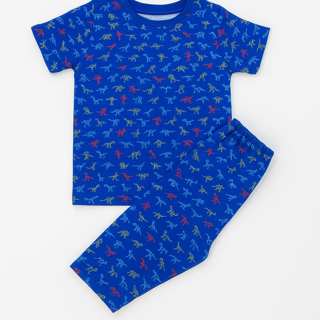 Royal blue kids pajama set with multicolored dinosaur print – T-shirt and matching pants