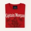Man wearing a red Captain Morgan graphic T-shirt with "Live Like The Captain" slogan
