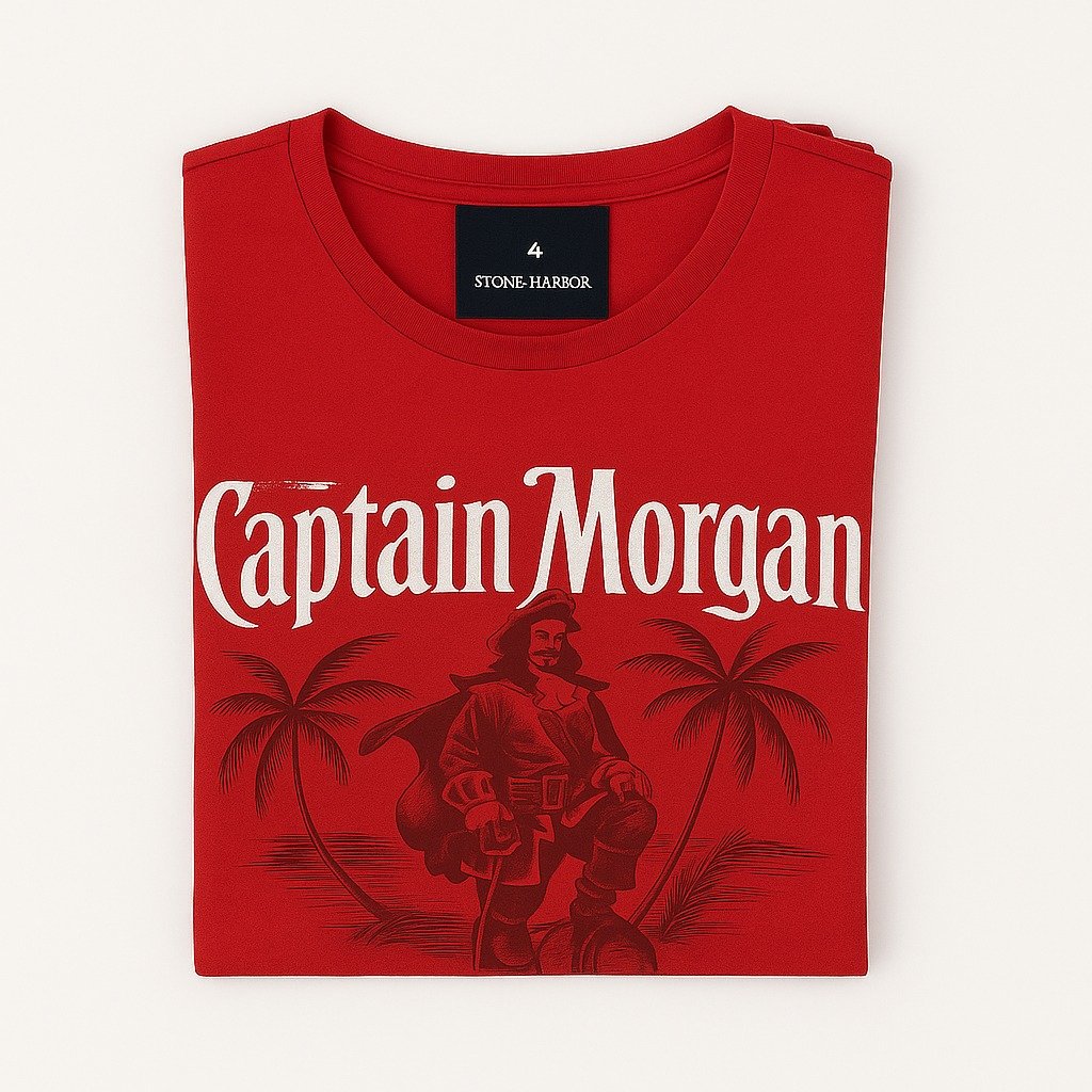 Man wearing a red Captain Morgan graphic T-shirt with "Live Like The Captain" slogan