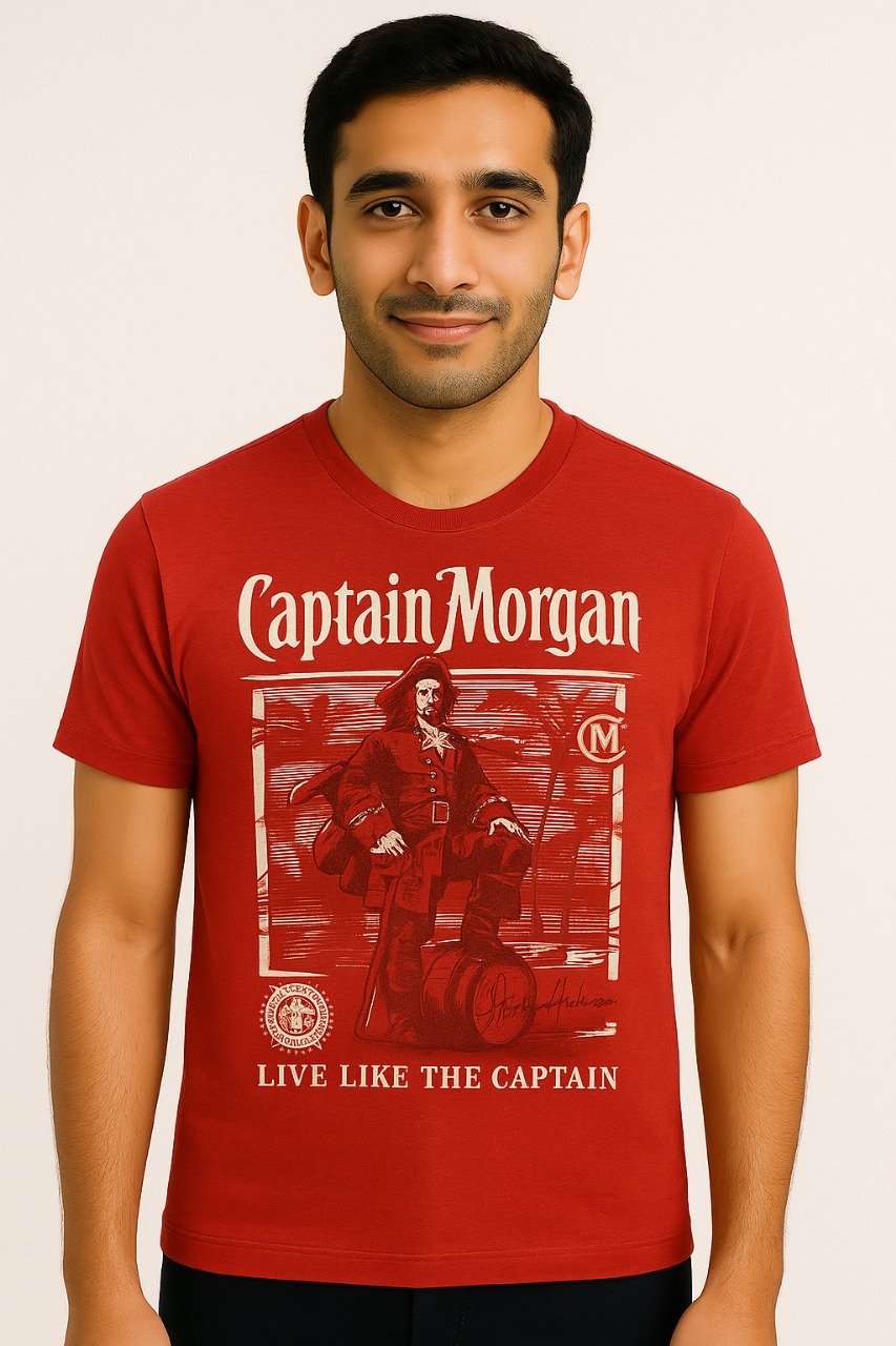 Man wearing a red Captain Morgan graphic T-shirt with "Live Like The Captain" slogan