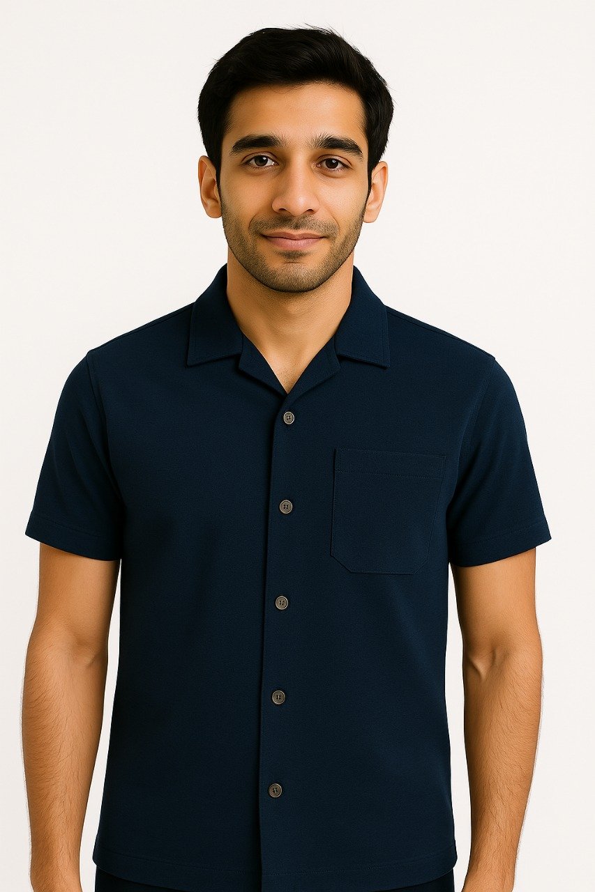 Man wearing export quality navy blue button-down shirt with front pocket and classic collar