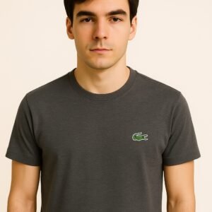 olded charcoal grey Lacoste T-shirt with embroidered green crocodile logo on the chest