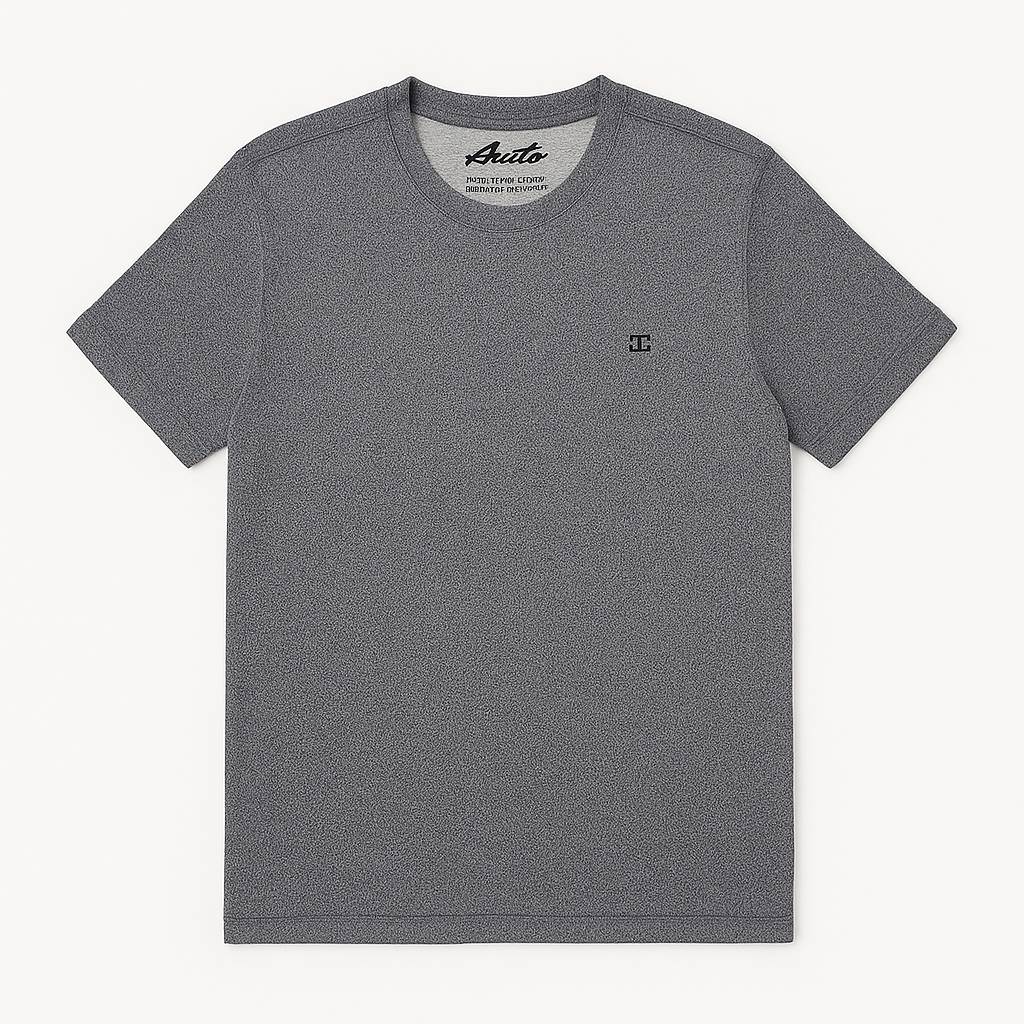 Close-up of folded heather charcoal gray t-shirt with black embroidered DC logo on the corner