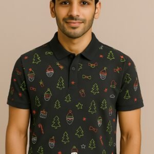 Man wearing a black polo shirt with neon green and red Christmas icons like Santa faces, trees, gifts, and stars