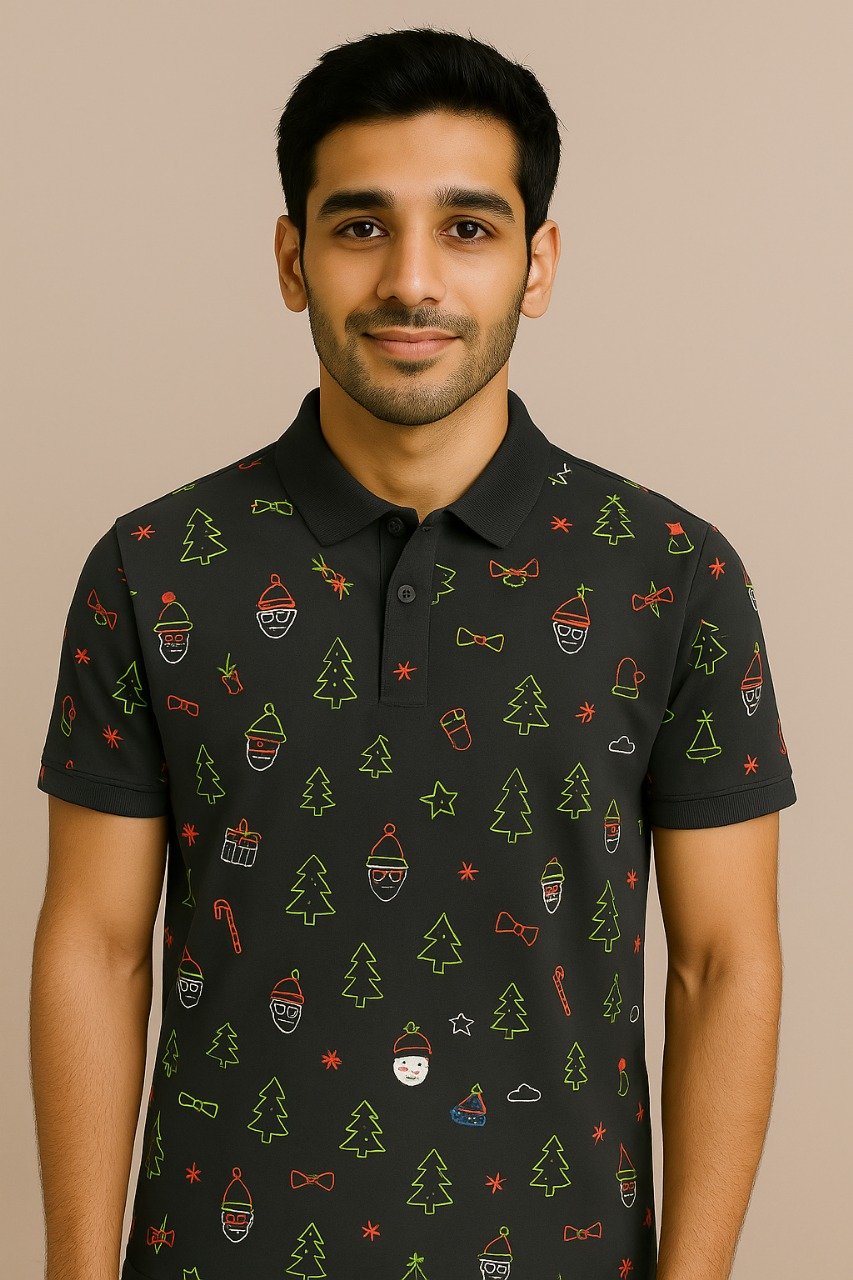 Man wearing a black polo shirt with neon green and red Christmas icons like Santa faces, trees, gifts, and stars