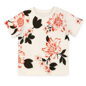 Off-white girls t-shirt with bold red floral and green leaf prints