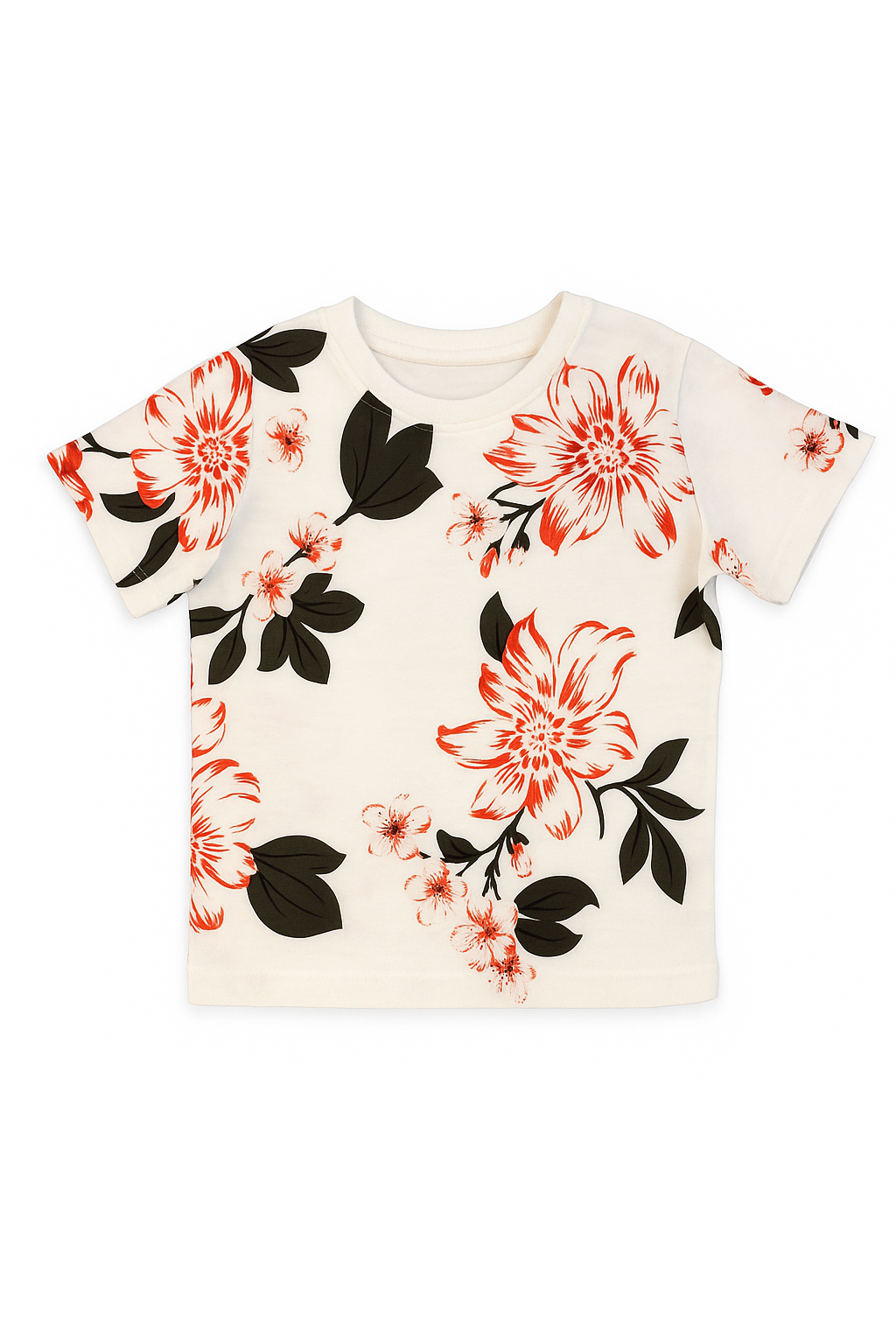 Off-white girls t-shirt with bold red floral and green leaf prints