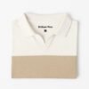 Man wearing cream polo shirt with beige and navy horizontal stripes – export quality