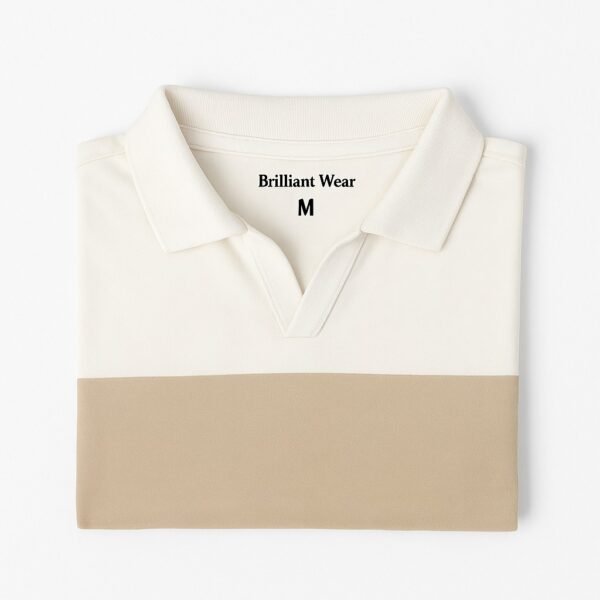 Man wearing cream polo shirt with beige and navy horizontal stripes – export quality