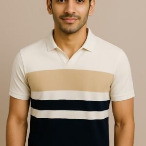 Man wearing cream polo shirt with beige and navy horizontal stripes – export quality