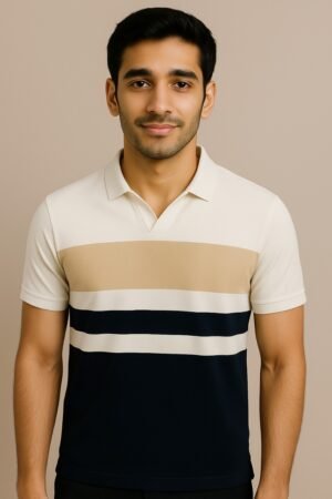 Man wearing cream polo shirt with beige and navy horizontal stripes – export quality