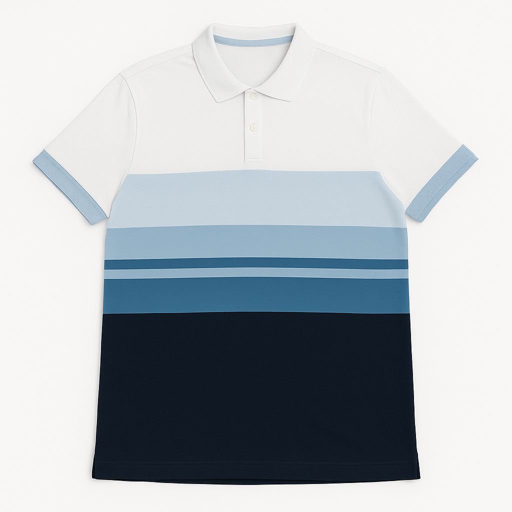 cream and navy blue polo shirt with horizontal color block design