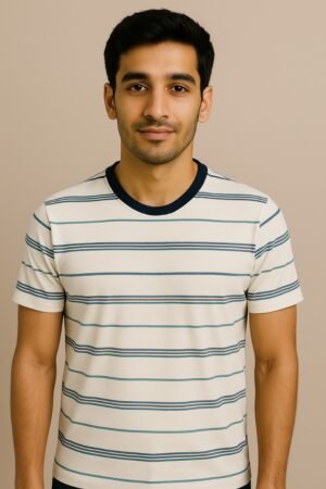 Folded cream crewneck T-shirt with navy and mint horizontal stripes and dark neckline