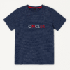 Navy Moncler t-shirt with red, white, and blue embroidered logo on chest