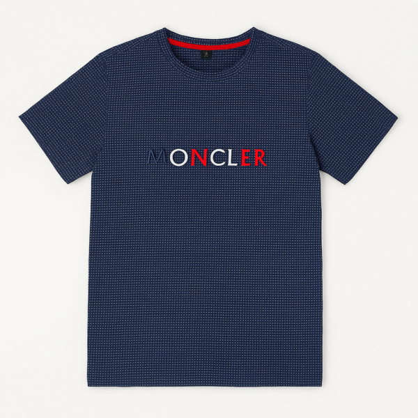 Navy Moncler t-shirt with red, white, and blue embroidered logo on chest