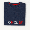 Navy Moncler t-shirt with red, white, and blue embroidered logo on chest